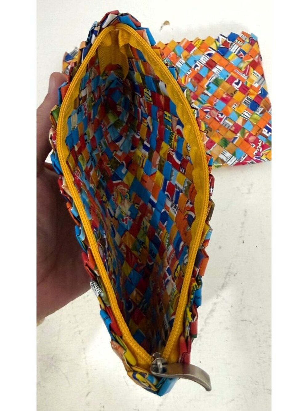 Handwoven Colorful Recycled Candy Wrapper Zipper Pouches Set Of 2 9x4.5" 10.5x7" - Picture 2 of 8